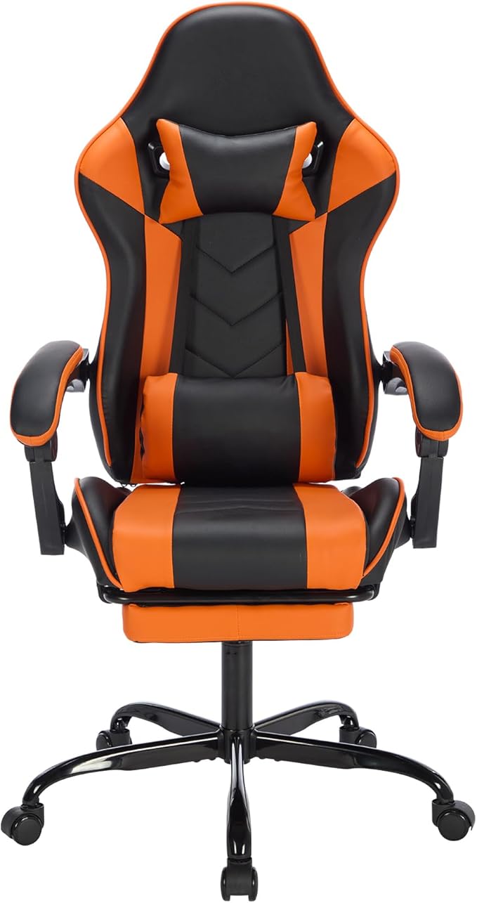 Versatile Gaming Chair with Footrest - Ergonomic Black Orange Leather Model Featuring Headrest &amp Lumbar Support Breathable and Height Adjustable for Ultimate Comfort in Gaming