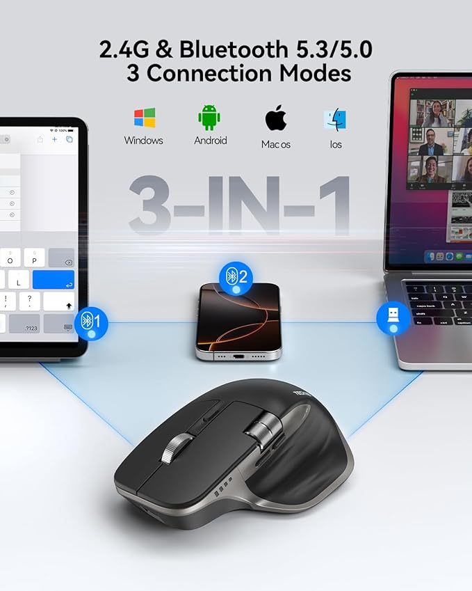 TECKNET Wireless Mouse Bluetooth Mouse (BT5.3/5.0 &amp 2.4G) Rechargeable Ergonomic Optical Mouse with 6 Adjustable DPI Side Scroll Quiet Clicks USB A Receiver 7 Buttons Wide Compatibility - Gr