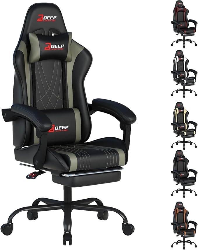 Ergonomic Gaming Chair with Footrest and Lumbar Massage Racing Office Chair High Back Computer Desk Chair with Headrest Pillow for Adults Video Game Chair for PC Gamer (1001-Gray)