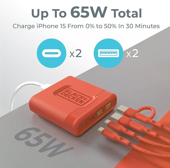 BLACK+DECKER USB C Fast Charger 65W 4 Port Type USB C Charging Station Hub Block TypeC Wall Charger Power Strip Adapter Plug 2 USBC 2 USBA for iPad iPhone 17 16 15 14 Pro Max Pixel Note Galaxy Coral