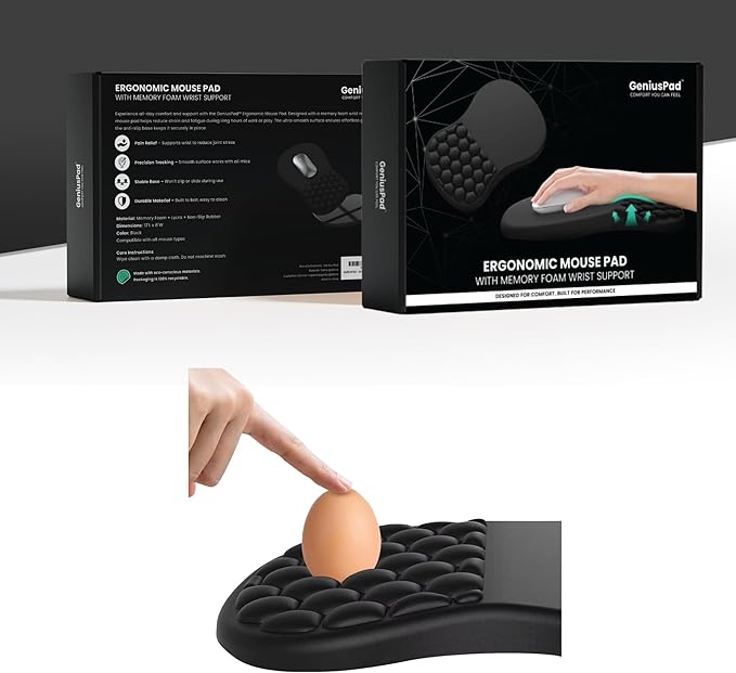 Ergonomic Mouse Pad with Wrist Support &amp Massage Design – Memory Foam Cushion Non-Slip PU Base – Carpal Tunnel Pain Relief for Wireless Mouse &amp Desk Use – 12x8 Inch (Black)