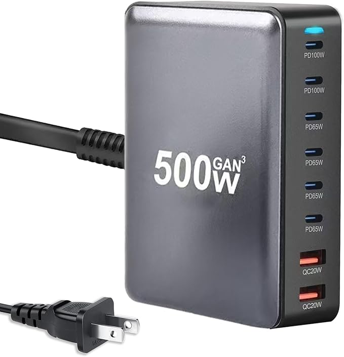 500W USB C Fast Charging Station Hub 8 Port HUB Fast Charging Brick for Multiple DevicesPD PPS 100W Wall Charger Compatible with MacBook Pro/Air/All iPad iPhone 16/15 for HP Dell Lenovo Acer Laptop