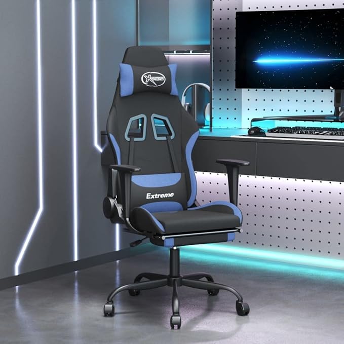 Massage Office Gaming Chair with Footrest Fabric Massage Office Chair Ergonomic Desk Chair Rolling Swivel Adjustable PC Computer Chair for Women Adults Girls(Black&ampBlue) -AA