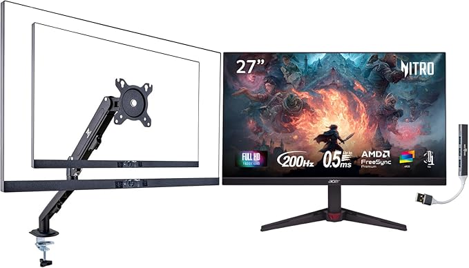 acer Nitro VG270X 27 FHD IPS Monitor with 0.5ms Response Time Anti-Glare Flicker Free 200 Hz Refresh Rate Displayport HDMI Black (UM.HV0AA.101) w/DKZ Hub &amp ErgoFlexy Single Mount Arm