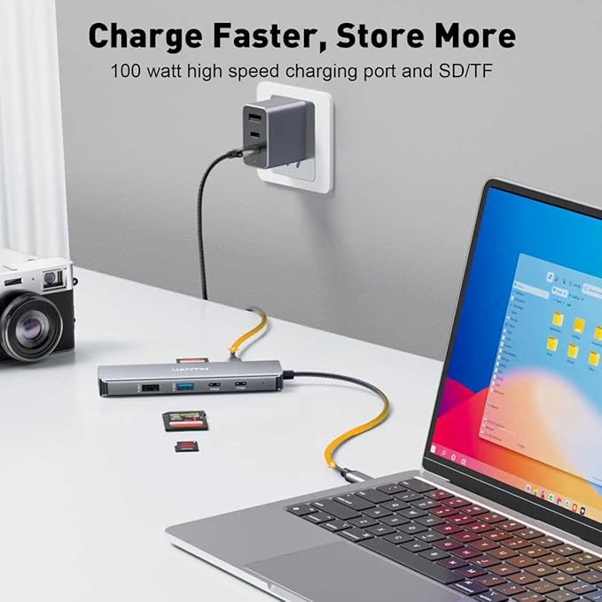 9-in-1 USB C Hub 4K60Hz HDMI Multiport Adapter with 2 USB-C 5Gbps 100W PD Charging 3 USB-A Ports SD/TF Card Reader USBC Dock Dongle for MacBook Pro/Air iPad Pro Dell HP Laptop