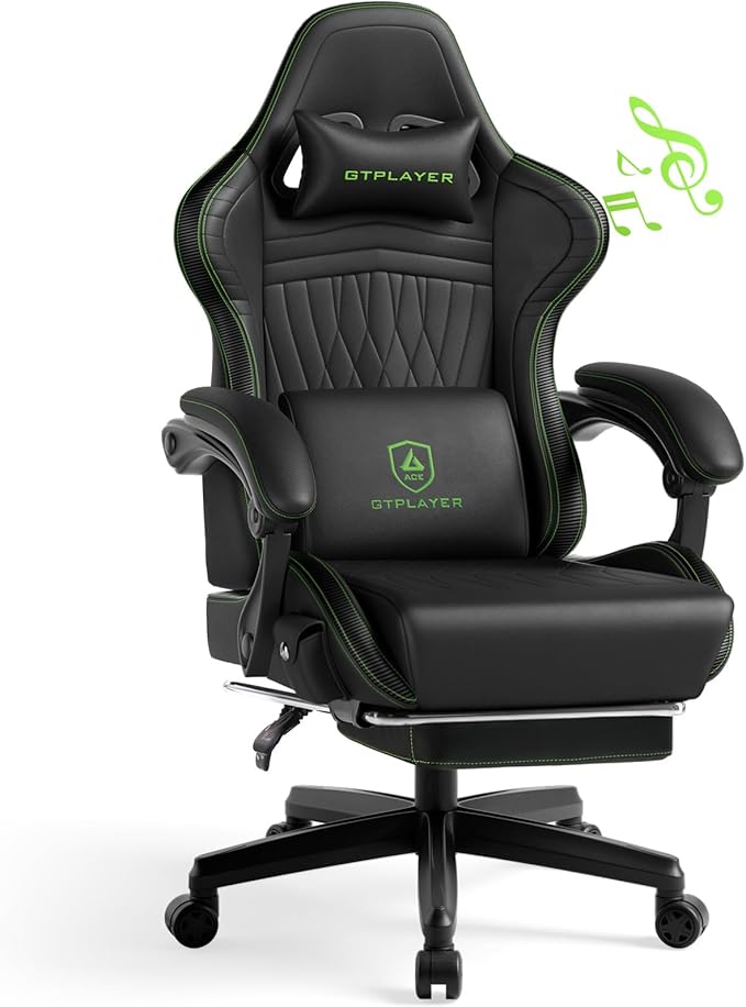 GTPLAYER Gaming Chair for Adults Ergonomic Video Game Chairs Footrest &amp Linkage Armrest Reclining High Back Silla Gamer with Speakers for Home Office Ace Pro Black &amp Green