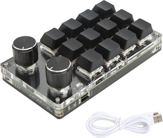 Qqmora One Handed Mechanical Gaming Keypad Green Shaft Shortcut Programmable Keyboard 12 Keys 2 Knobs for OfficeConsole