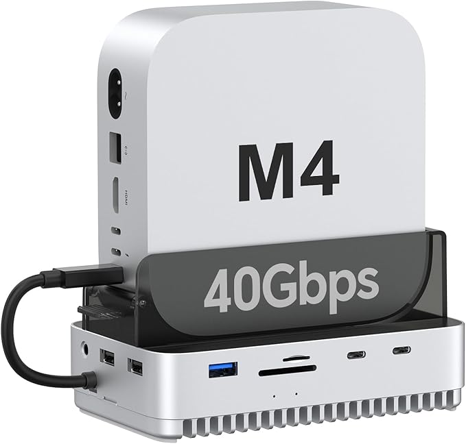Qwiizlab 40Gbps Mac mini M4/M4 Pro Stand Hub with NVMe SSD Enclosure Docking Station with USB-C 10Gbps USB-A 10Gbps TF/SD 4.0 Card Readers 312MB/s USB-A 2.0 Fits M.2 PCIe up to 8TB