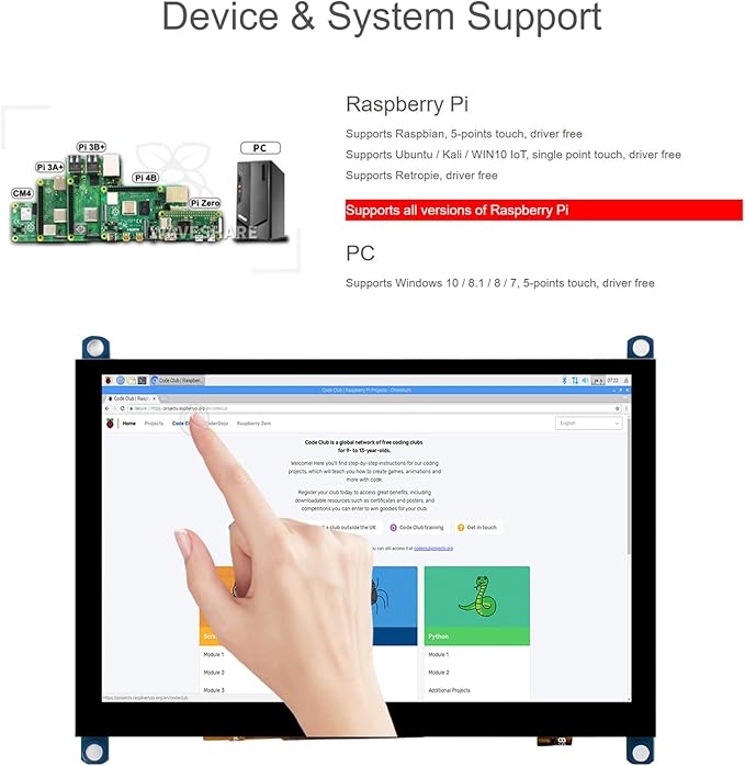 Waveshare 5 Inch HDMI LCD Screen 800x480 TFT Capacitive Touch Screen Display Monitor for Raspberry Pi 4B/3B+/A+/B/2B/B+/A+/Zero W Compatible with Windows 10/8.1/8/7