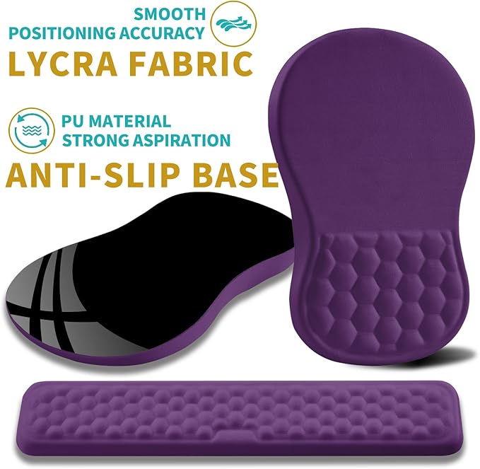 Hokafenle 2 in 1 Ergonomic Mouse Pad Wrist Support &amp Wrist Rest for Computer Keyboard Set with Relieve Carpal Tunnel Pain Massage Bulge and Full Memory Gel Design (2In1 Set Dark Purple)