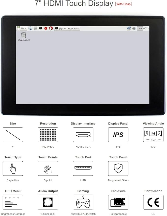 7inch Capacitive Touch Screen LCD for Raspberry Pi 5 4 3/Jetson Nano/PC Windows/Game Console 1024×600 Resolution HDMI IPS with Black Cover Case (7inch HDMI LCD (H) with case)