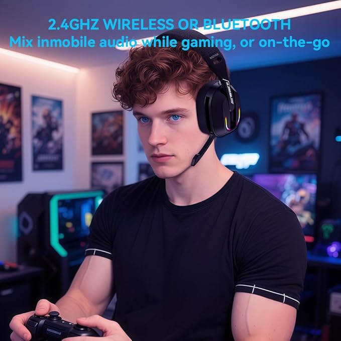 2.4GHz Wireless Gaming Headset for PC PS5 PS4 Switch - Bluetooth 5.4 20H Battery with ENC Noise Canceling Microphone Cool Lighting 40mm Driversfor Wired Mode Xbox Series -Black
