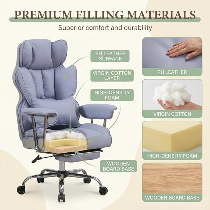 Big and Tall Office Chair 400lbs - Heavy Duty Executive Desk Chair with Footrest High Back PU Leather Ergonomic Computer Chair with Extra Wide Seat &amp Thick Cushion for Home Office (Purple)