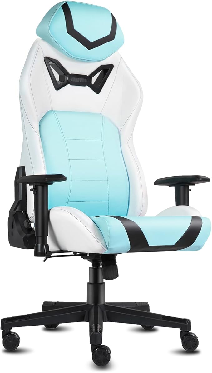 DIKEP Gaming Chair Video Game Chair with Footrest Lumbar Support Headrest PU Leather High Back Computer Chair for Home Office Cyan White