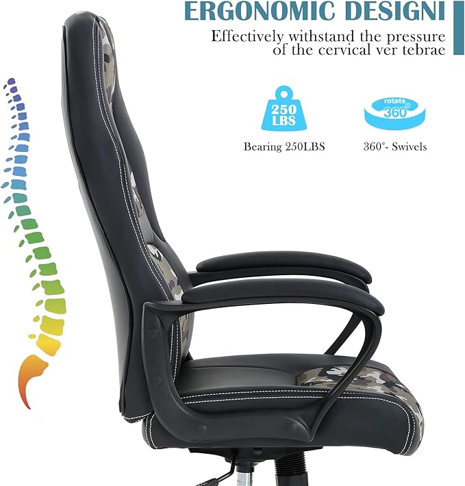 Computer Chair Ergonomic Desk Chair Racing Gaming Chair with Armrest &ampHeight Adjustable High Back Computer E-Sports Chair Task Swivel Executive Seat PU Leather Chair for Home Office (Camo)