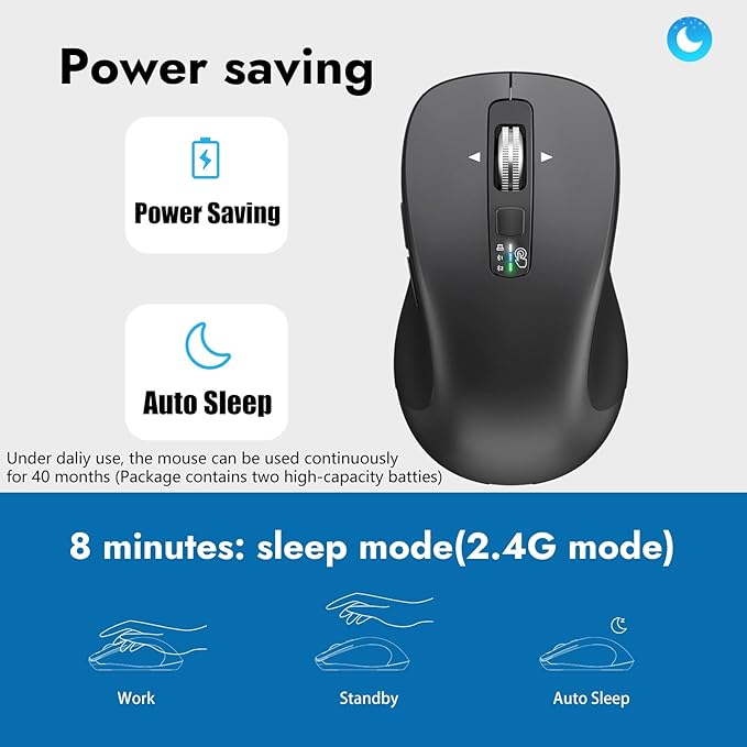 Wireless Bluetooth Mouse (USB + BT1 + BT2) Full Size Mouse 4-Way Scrolling Multi-Device Silent for Computer Laptop iPad MacBook (Grey)