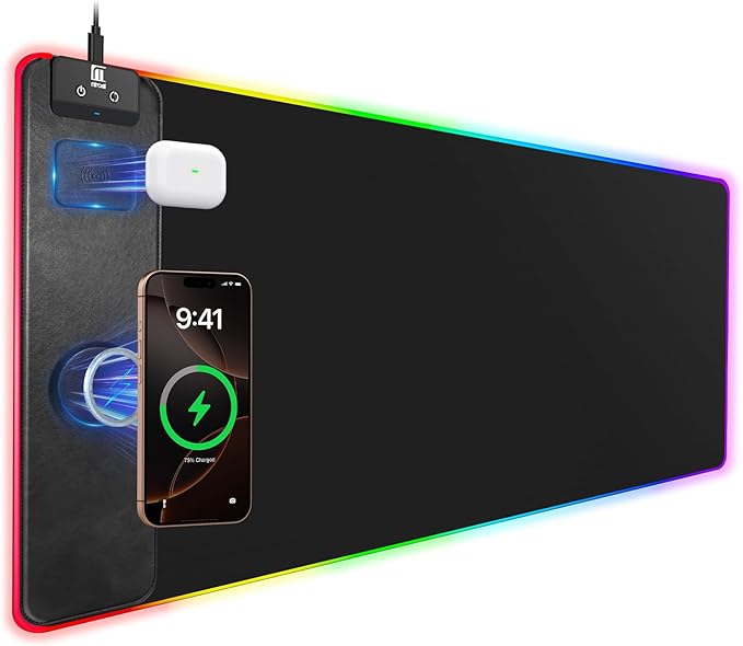 Mouse Pad with Magnetic Wireless Charging Large Desk Pad Protector RGB Black Mousepad Desk Mat with 15W Fast Charger 4mm Thick Non-Slip Waterproof Laptop Writing Pad for Office Home Gaming