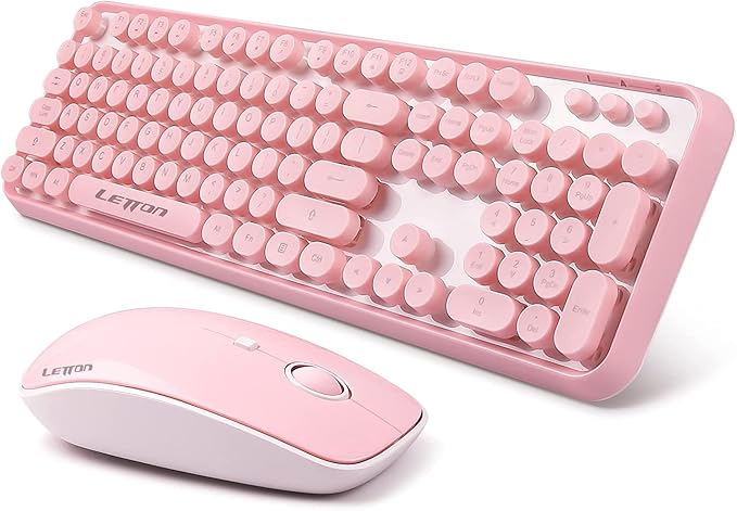 Pink Wireless Keyboard and Mouse Combo Retro Typewriter Style Cute Bubble Keyboard with Round Keycaps 2.4GHz Full Size Creamy Keyboard&ampMouse with 3 DPI for Long Nails for PC Laptop Desktop Compu