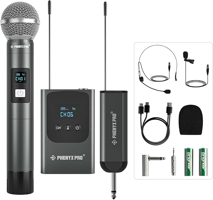 Phenyx Pro Dual Digital Wireless Microphone System w/Handheld Dynamic Microphone Bodypack Transmitter Mini Receiver 2x15 UHF Frequencies Headset/Lapel Mic for Singing (PDP-2-1H1B)
