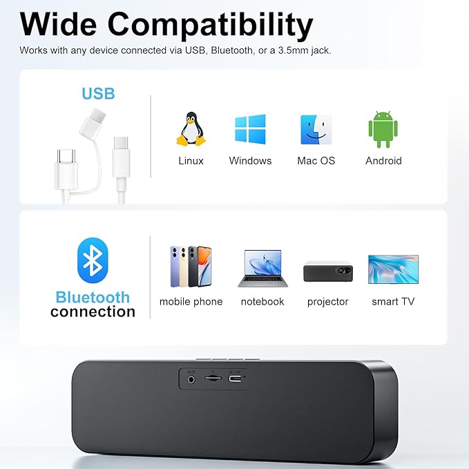Computer Speakers for Desktop PCRechargeable Bluetooth SpeakerSmall Computer Soundbar with Stereo &amp Bass3.5mm Aux-inTF PortLoud Volume for Web ConferencesTeacherMusic (Black)