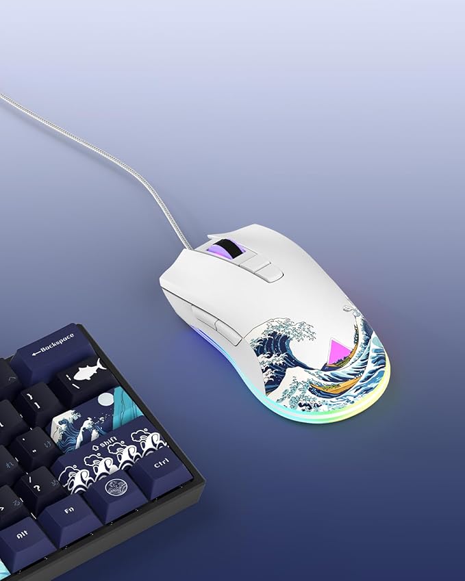 COSTOM Womier G705 USB Wired Gaming Mouse for PC Computer Windows Mac Laptop Lightweight Silent RGB Backlit Mouse with Adjustable 12000DPI/7 Programmable Side ButtonsWhite Kanagawa Theme