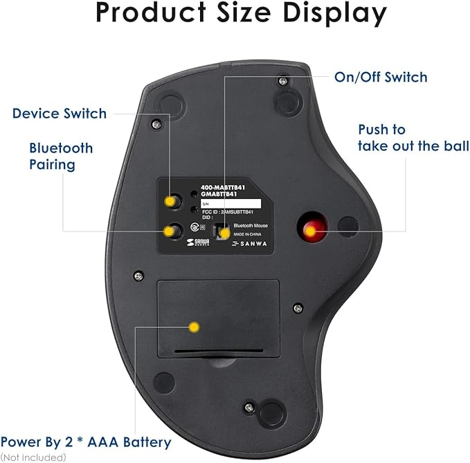 SANWA Bluetooth Wireless Ergonomic Trackball Mouse Optical Rollerball Mice Programmable Silent Buttons 40mm Trackball 600/800/1200/1600 DPI Compatible with MacBook Laptop Windows macOS