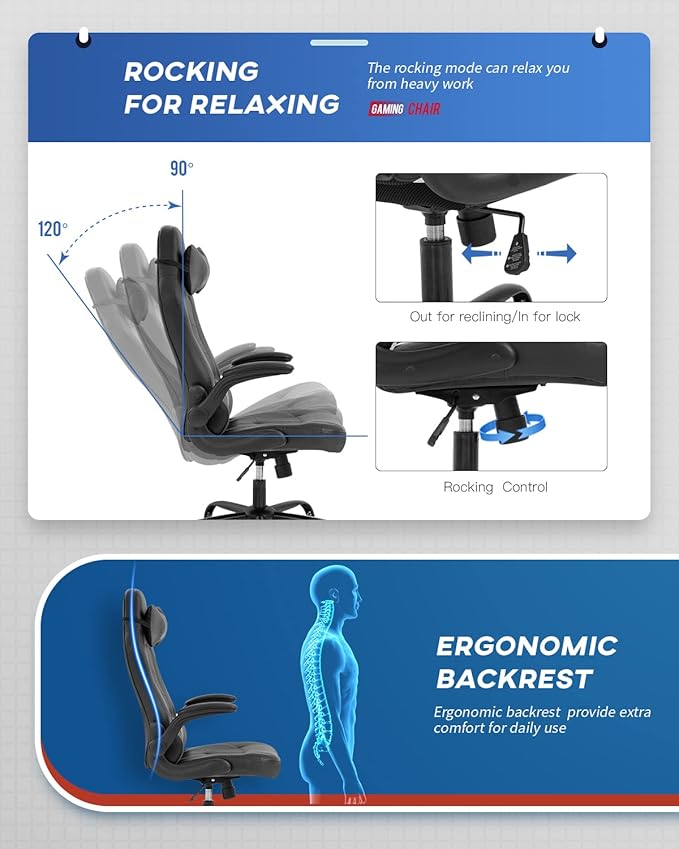 Gaming Chairs for Adults PU Leather Swivel Rolling Adjustable Game Chair with Lumbar Support Flip Up Arms Headrest for Adults Women Men Video Game Chairs Ergonomic Gaming Chair
