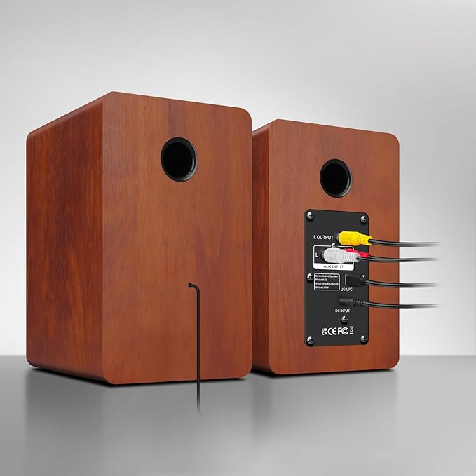 Computer Speakers for Desktop PC Active Bookshelf Speaker with 3‘’ Carbon Fiber Woofer and Silk Film Tweeter Supports Bluetooth 5.3 USB-C AUX/RCA Input for Record Player TV - Brown Stereo Set