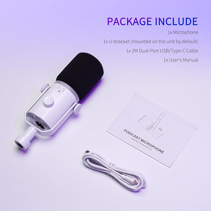 FEELWORLD PM1 XLR USB Dynamic Microphone Gifts for Podcast Recording PC Computer Gaming Live Streaming Vocal Voice-Over Studio Metal Mic with RGB Light Mute Button Headphones Jack (White)