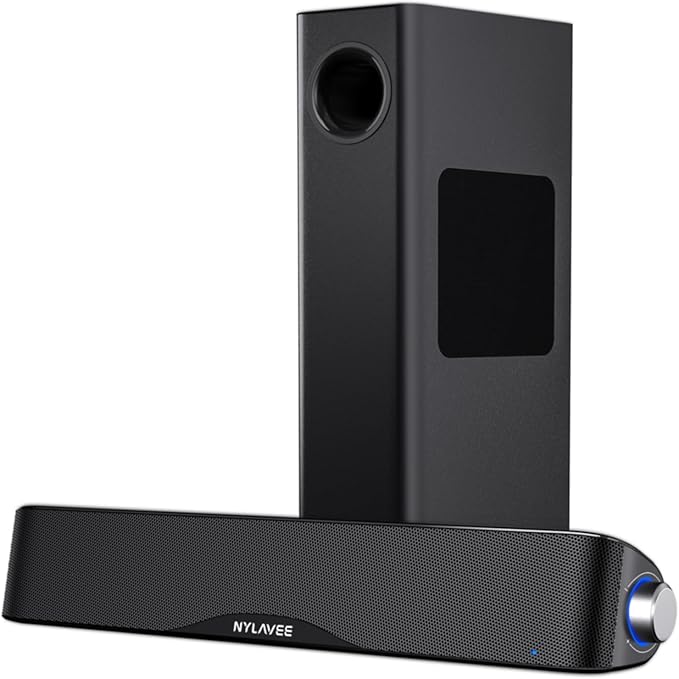 Nylavee Computer Speakers with Subwoofer 2.1 PC Speakers System with Bluetooth 5.4 &amp 3.5mm Aux-in 60W Peak Power AC Adapter Powered Computer Sound Bar for Desktop PC Laptop Monitor Gaming