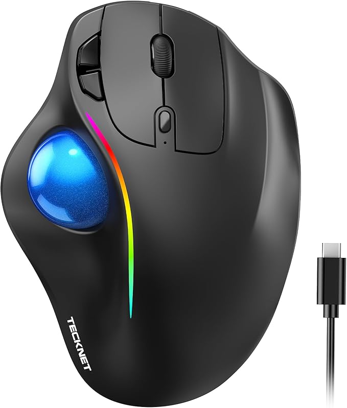 TECKNET Pro Wireless Trackball Mouse Bluetooth Mouse with Ergonomic Thumb Control USB-C Rechargeable RGB Light Mice with Adjustable DPI 3-Device Connectivity (BT or 2.4G)for PC/Mac/Laptop - Black