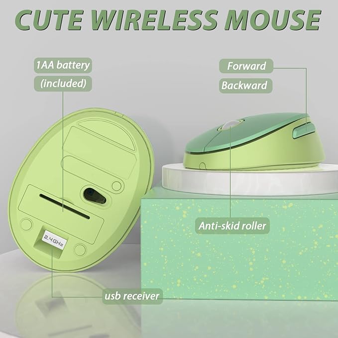 Green Wireless Keyboard and Mouse KOOTOP Cute Green Colorful Keyboard and Mouse 2.4G Wireless Keyboard with Retro Round Keycap for PC Mac LaptopTabletComputer Windows (Green)