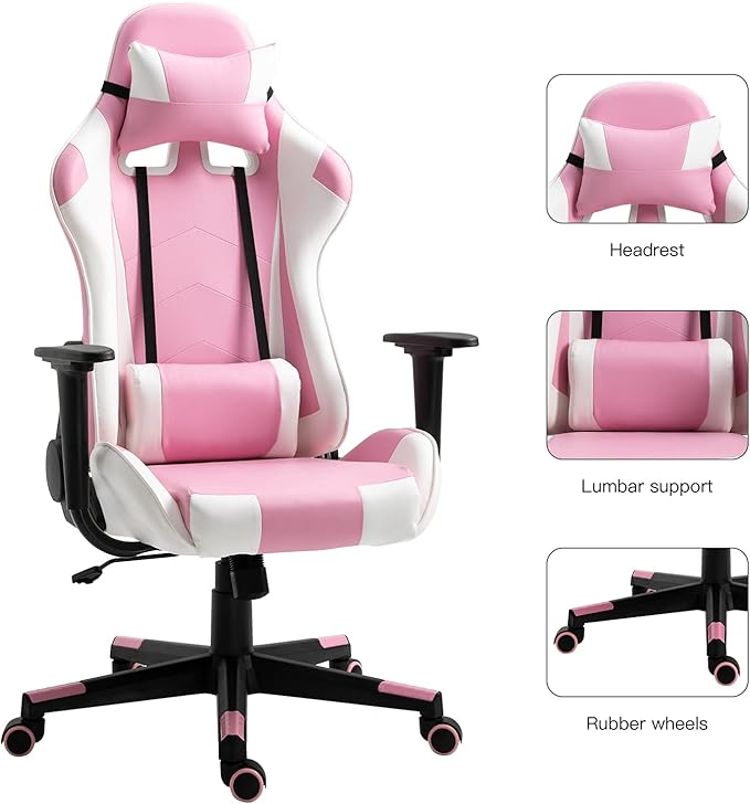 Modern-Depo Gaming Chair Pink White Adjustable Swivel Ergonomic Office Recliner Chairs for Adults Girls