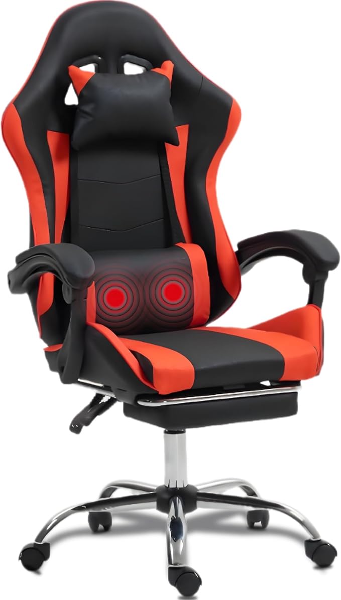 Massage Gaming Chair with FootrestErgonomic Video Game Chair for Adults Kids Adjustable Headrest &amp Lumbar Support 90-135° Recline 360° Swivel for Gaming Room Home Office Bedroom Red