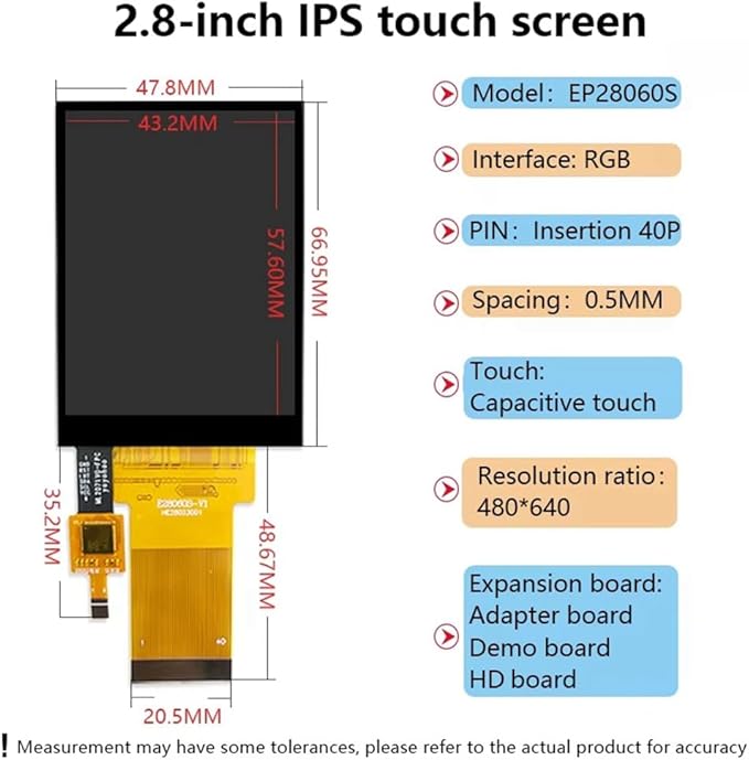 2.8-Inch Mini Split Screen -Compatible Display 480x640 Resolution Full View RGB IPS Universal Capacitive Touch Nontouch