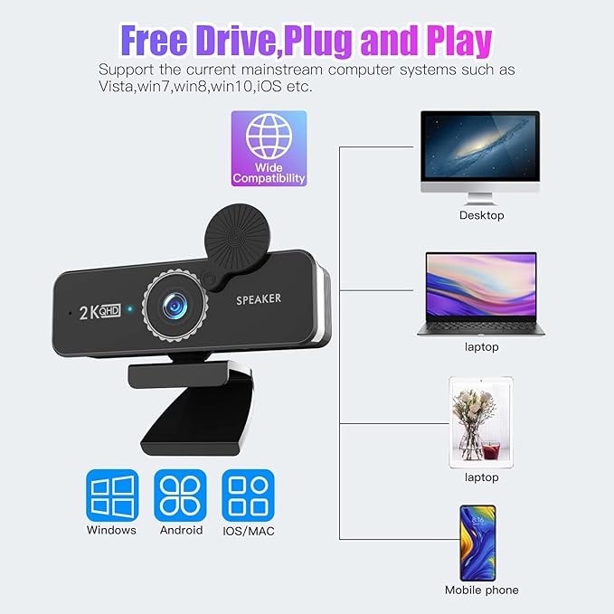 1440P HD Webcam Computer Webcam with Microphone USB PC Web Camera 120-degree Wide Angle with Dual Speakers Free Drive for Recording Calling Conferencing Gaming Compatible with Windows Vista iOS