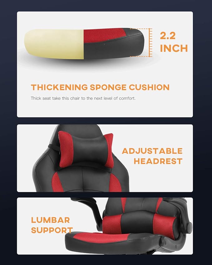 PC Gaming Chair Video Game Chair Racing Style Office High Back Desk Executive PU Leather Rolling Task Swivel Computer with Lumbar Support HeadrestRed