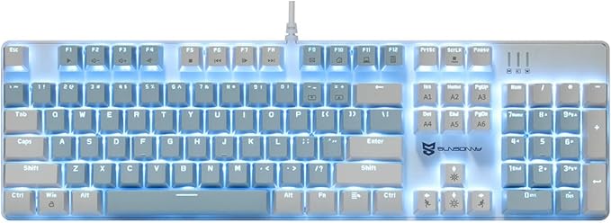 Full Size Wired Mechanical Gaming Keyboard | Blue Switch Led Backlit 104 Keys US Layout Mechanical Computer Keyboards | Hot Swappable Blue &amp White Keycaps Light Up PC Gaming Keyboard