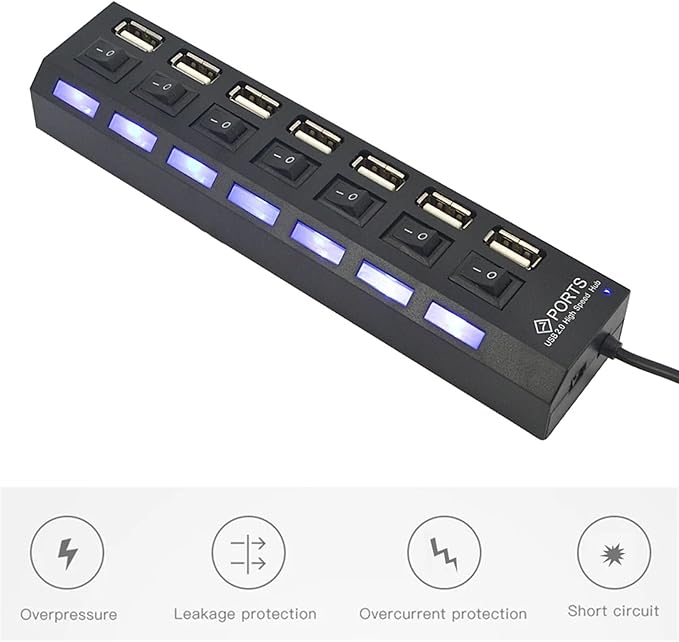 4/7 Ports USB 2.0 Hub Power Adapter Splitter Switch Docking Station LDE Light for PC Computer Laptop Notebook(4 Ports)