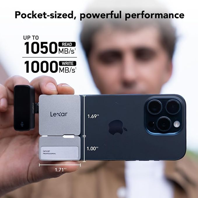 Lexar 1TB Professional Go Portable SSD w/Hub Supports Apple 4K 60fps ProRes Up to 1050MB/s USB 3.2 Rugged IP65 Ultracompact Compatible w/iPhone 15/16 (Not 17) External SSD (LSL400S001T-RNSNU)