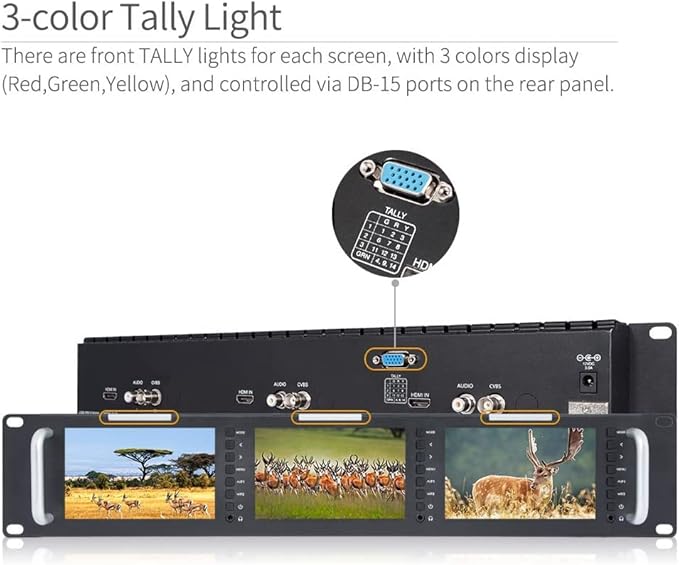 FEELWORLD T51-H Triple 5 inch 2 RU Rack Mount Monitor 800×480 Broadcast LCD Monitor with HDMI AV Input and Output