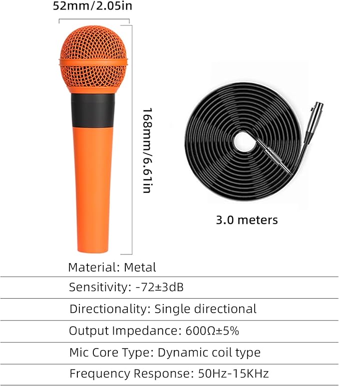 Microphone For Singing Metal Karaoke Microphone Dynamic Microphone Handheld Wired Microphone Connect With Any 6.5mm Or 3.5mm Microphone Interface Audio Equipment (Orange)
