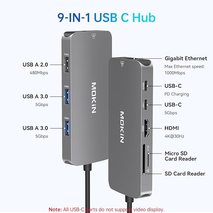 USB C Adapters for MacBook Pro/AirMac Dongle with 3 USB PortUSB C to HDMI USB C to RJ45 EthernetMOKiN 9 in 1 USB C to HDMI Adapter100W PD Charging USB C to SD/TF Card Reader USB C Hub