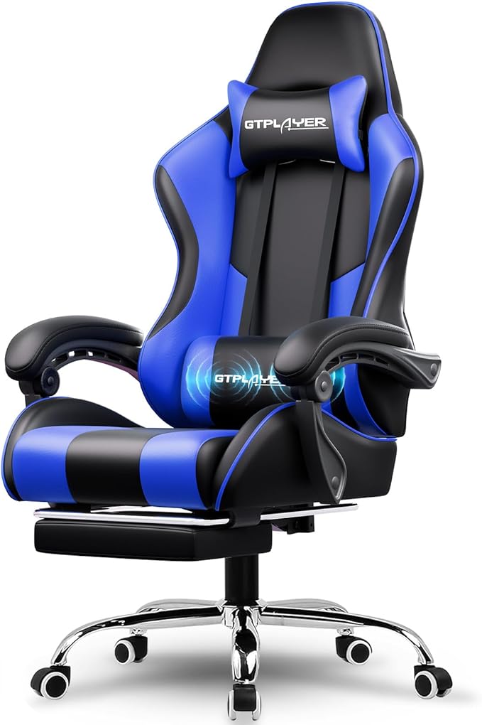 GTPLAYER Gaming Chair Computer Chair with Footrest and Lumbar Support Height Adjustable Game Chair with 360°-Swivel Seat and Headrest and for Office or Gaming (Faux Leather Blue)