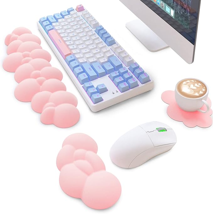 ATTACK SHARK Cloud Mouse Pad Wrist Support and Keyboard Wrist RestErgonomic Design for Typing Pain ReliefMemory Foam Wrist Rest Leather Cup CoasterLightweight Desk Gel Hand Wrist Rests(Pink)