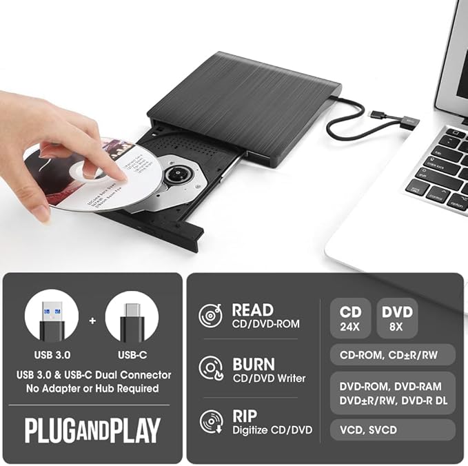 ROOFULL External CD DVD +/-RW Drive for Laptop Mac USB 3.0 &amp USB-C CD DVD Disc Reader Writer Burner CD-ROM Portable DVD Player with Carrying Case for Windows 11/10 PC MacBook Pro Linux Computer