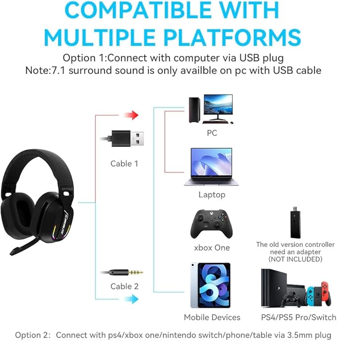 2.4GHz Wireless Gaming Headset for PC PS5 PS4 Switch - Bluetooth 5.4 20H Battery with ENC Noise Canceling Microphone Cool Lighting 40mm Driversfor Wired Mode Xbox Series -Black