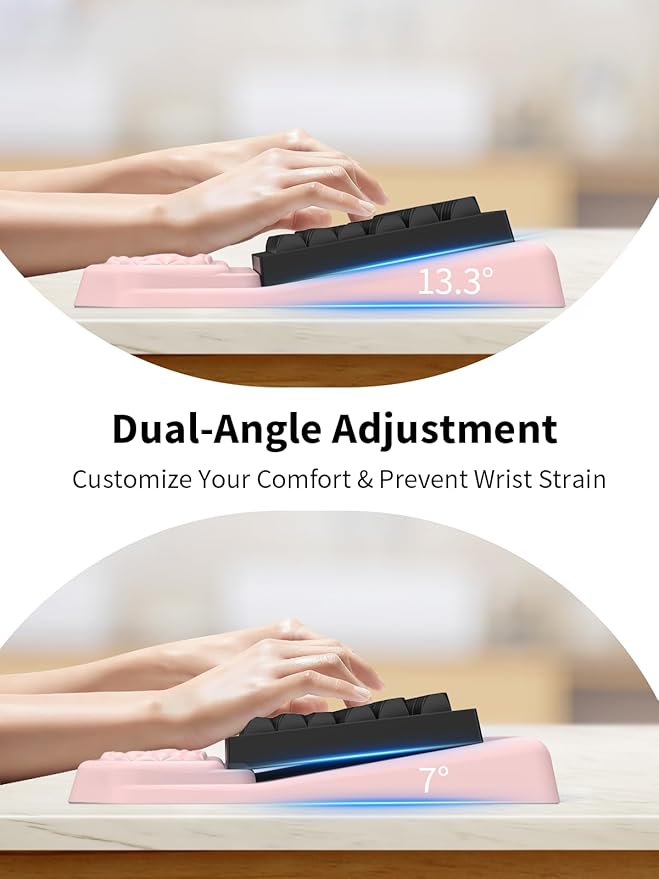 3-in-1 Ergonomic Keyboard Stand with Wrist Rest &amp Mouse Pad Set Comfy Keyboard Riser Holder Soft Mousepad with Massage Design Memory Foam and Non-Slip PU Base for Pain Relief Pink