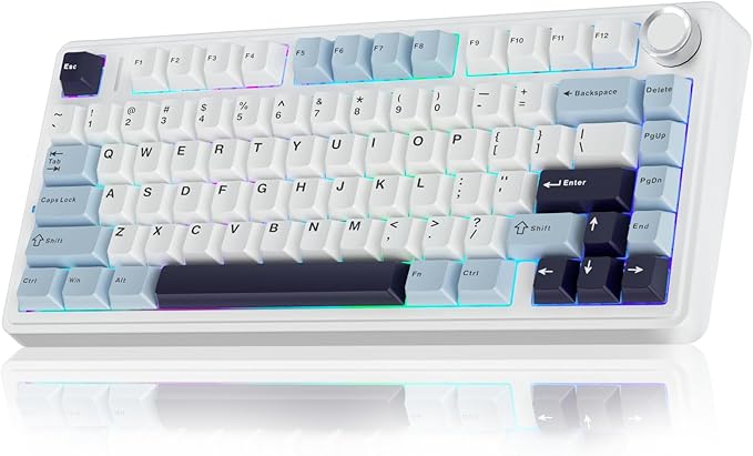 AULA F75 75% Wireless Mechanical Keyboard Hot Swappable Creamy Keyboard Pre-lubed Reaper Switches 2.4GHz/Type-C/BT5.0 RGB Backlit Gaming Keyboards(White &amp Blue)