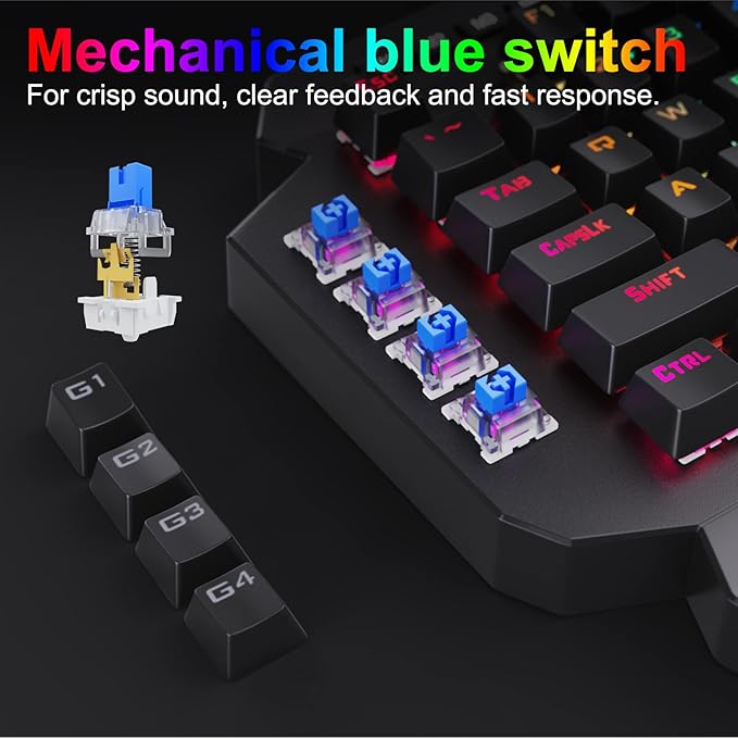 HUO JI Wireless One Handed Mechanical Gaming Keyboard 6 Onboard Macro Keys 2.4Ghz and USB-C Wired Dual Mode RGB Led Backlit Blue Switch Wrist Rest Durable Battery